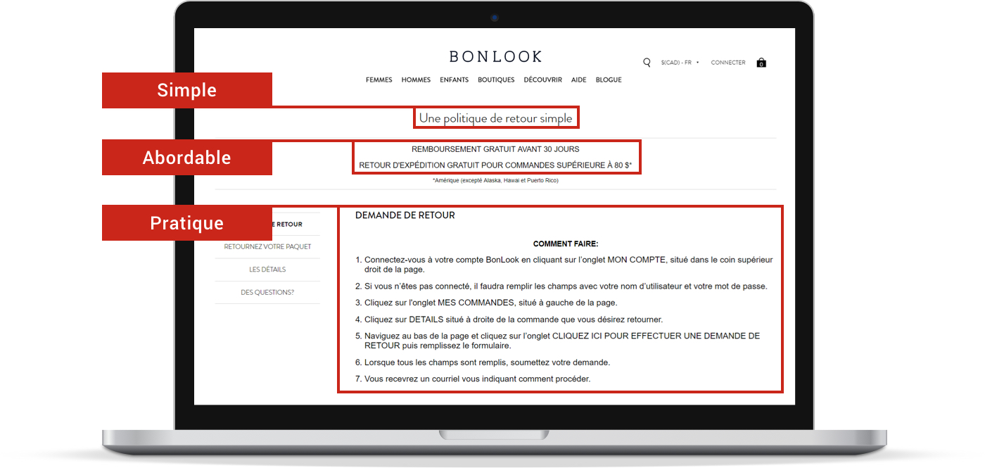Saisie d’écran de la page de procédure de retour du détaillant en ligne canadien BonLook.