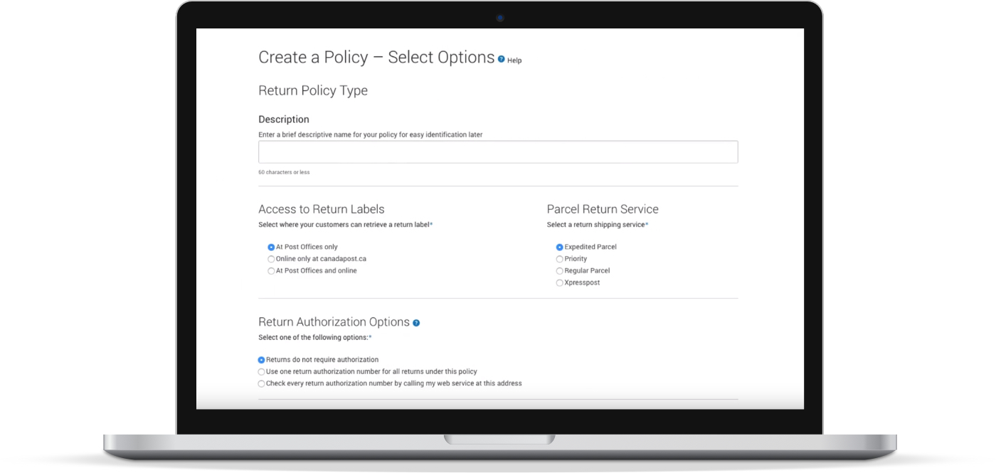 The ‘Create Returns Policy’ page allows you to create your returns policy for instant integration into your website.