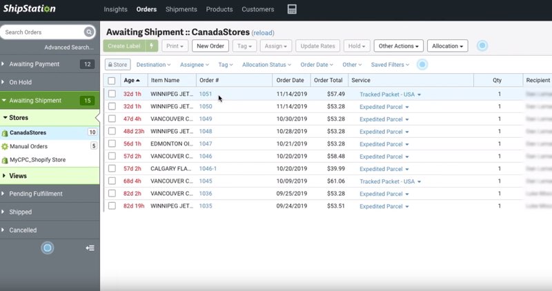 A ShipStation dashboard presenting e-commerce orders from multiple channels.
