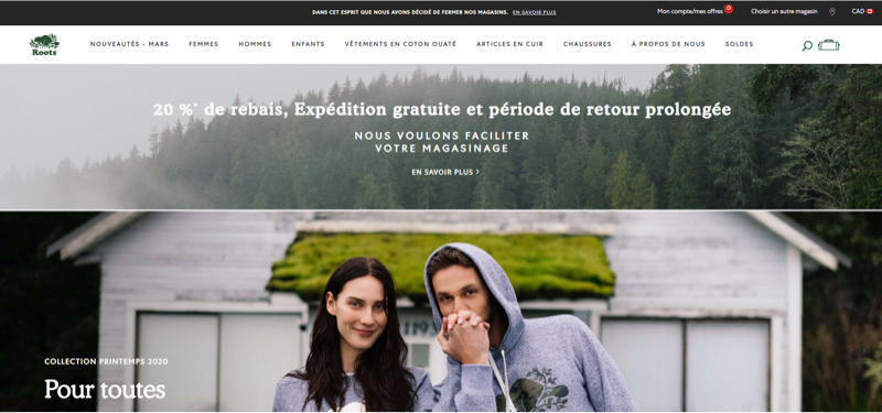 Une bannière sur le site Web de Roots fait la promotion de la livraison gratuite et de la politique de retour d’article prolongée du détaillant.