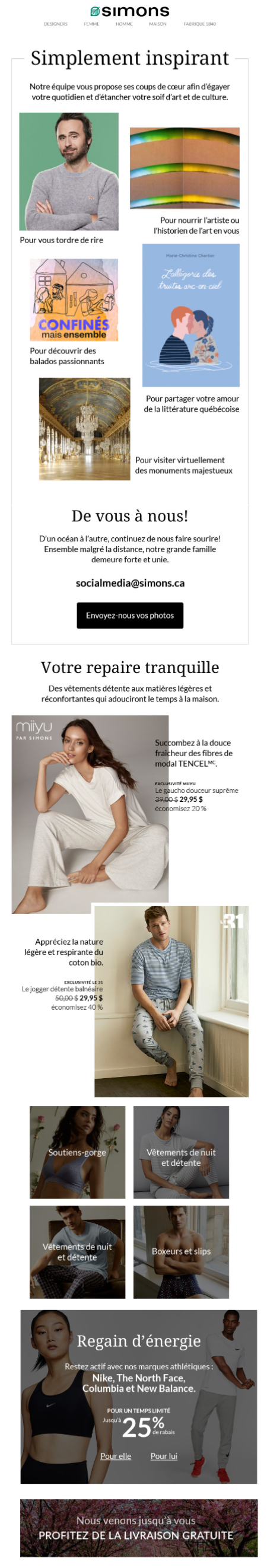 Ce courriel publicitaire réconfortant du détaillant Simons racontant de beaux moments en famille et offrant une mise à jour sur ses opérations de vente en ligne.