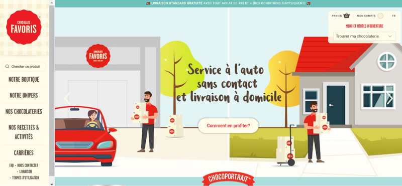 Une bannière sur la page d’accueil du site Web de Chocolats Favoris fait la promotion de ses services de livraison au volant et à domicile sans contact.