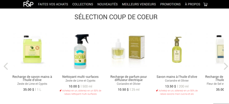 Page d’accueil de F&P faisant la promotion des produits préférés de ses clients.