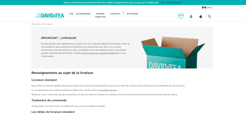 Le site Web de DavidsTea informe les clients d’un délai dans le traitement des commandes.