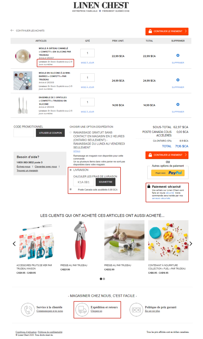 Le panier d’achat en ligne d’un client de Linen Chest. La disponibilité des stocks, les délais de livraison estimés, le seuil d’achat pour obtenir la livraison gratuite et le transporteur y sont précisés.