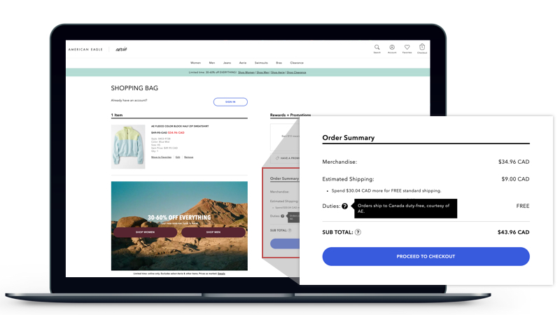 American Eagle’s shopping cart page clearly presents all shipping costs upfront.