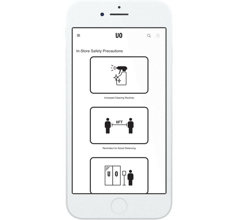 Urban Outfitters’ website outlines in-store safety precautions for COVID-19 shopping. 