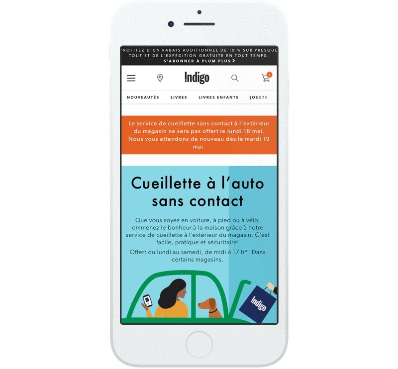 Sur son site Web, Indigo fait la promotion de son service de cueillette sans contact à l’extérieur du magasin et de son option de livraison gratuite.