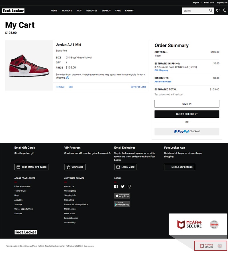 A cart page on Footlocker’s website displays the company’s security certification and privacy statement. 