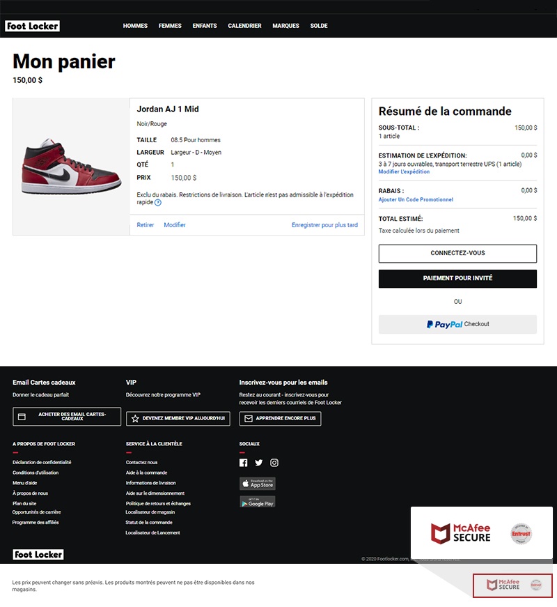 Sur le site Web de Foot Locker, la page de commande affiche la certification de sécurité et la déclaration de confidentialité de l’entreprise.