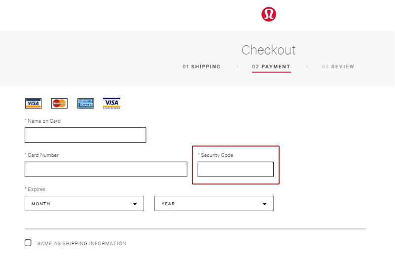A checkout page on Lululemon’s website prompts customers to provide a security code.