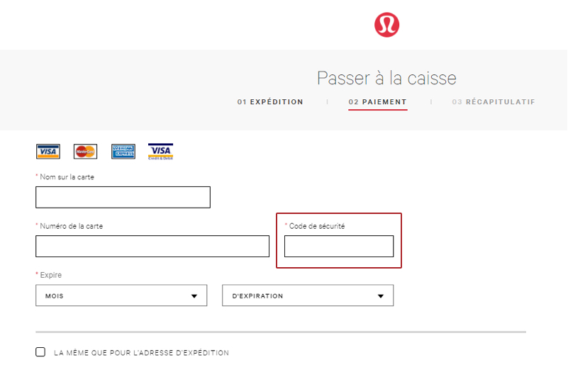 Sur le site Web de Lululemon, la page de paiement invite les clients à saisir le code de sécurité de leur carte.