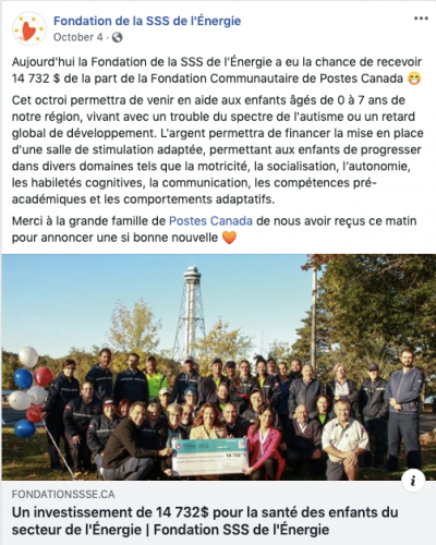 La Fondation de la santé et des services sociaux de l’Énergie a reçu 14 732 $ pour la création d’une salle de stimulation destinée aux enfants atteints d’autisme, de TDAH ou de retard intellectuel. 