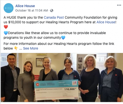 La Second Stage Housing Association (Alice House) de Dartmouth a reçu 10 000 $ pour son programme Healing Hearts, qui vient en aide aux enfants exposés à la violence familiale.