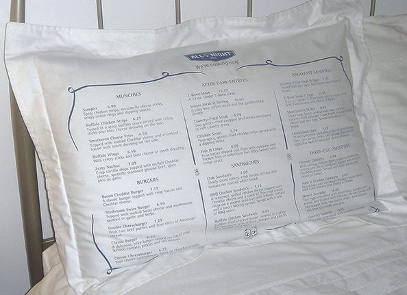 Pillowcase with their menu printed on it