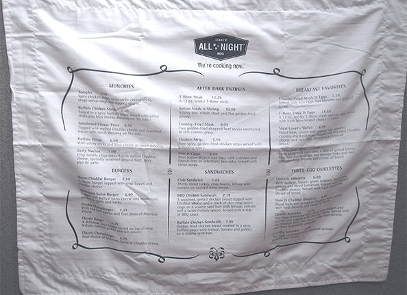 Pillowcase with their menu printed on it