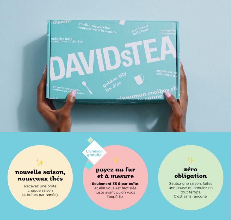 Sur une bannière du site Web des Thés DAVIDsTEA, une femme tient une boîte d’abonnement de DAVIDsTEA.