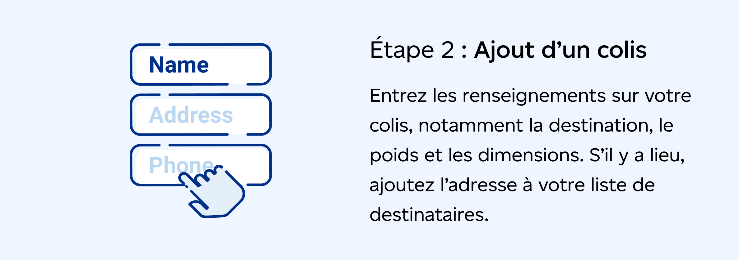 Étape 2 : Ajoutez votre colis. Entrez les renseignements sur votre colis, notamment la destination, le poids et les dimensions. Mettez en évidence des adresses pour les ajouter à votre liste de destinataires.