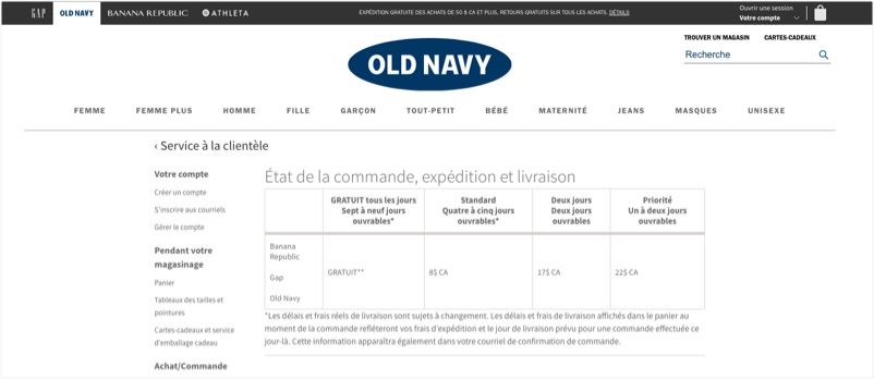 Le site Web d’Old Navy présente un tableau indiquant les différents frais et délais de livraison offerts à ses clients.