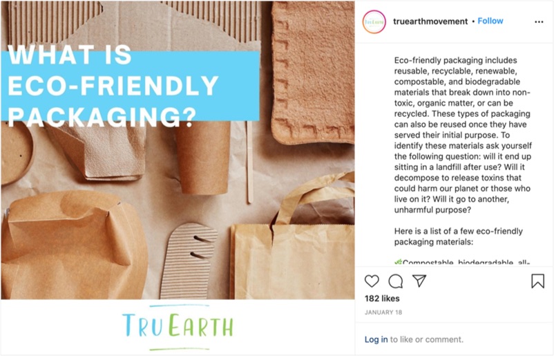 Une publication Instagram de TruEarth explique en quoi consistent les emballages écologiques et en énumère des exemples.