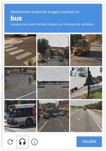 Captcha « Sélectionnez toutes les images montrant un bus. Lorsque vous avez terminé, cliquez sur le bouton de validation. »