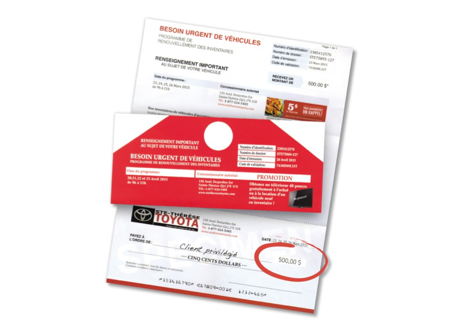Exemple d’une enveloppe extérieure et d’une lettre de Toyota. 