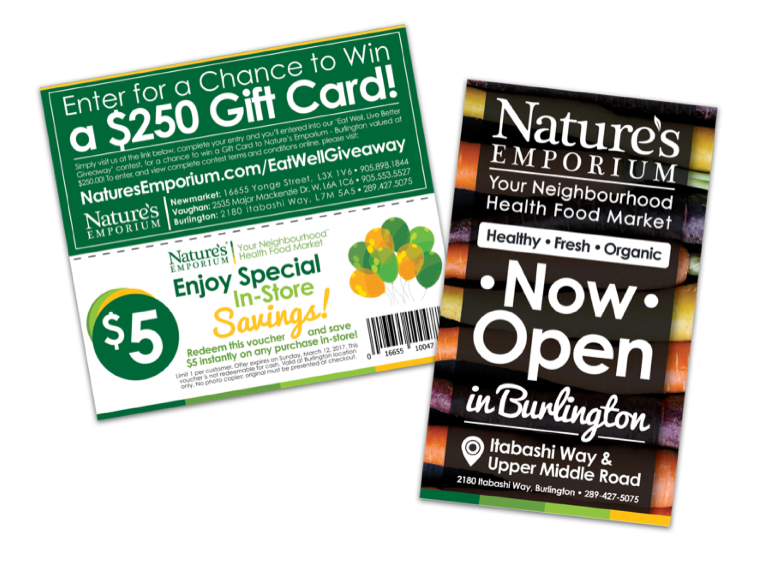Exemples d’un envoi à découvert (coupon) et d’une carte postale de Nature’s Emporium, un magasin d’aliments santé à Burlington, en Ontario. (Envois de la campagne en anglais seulement.)