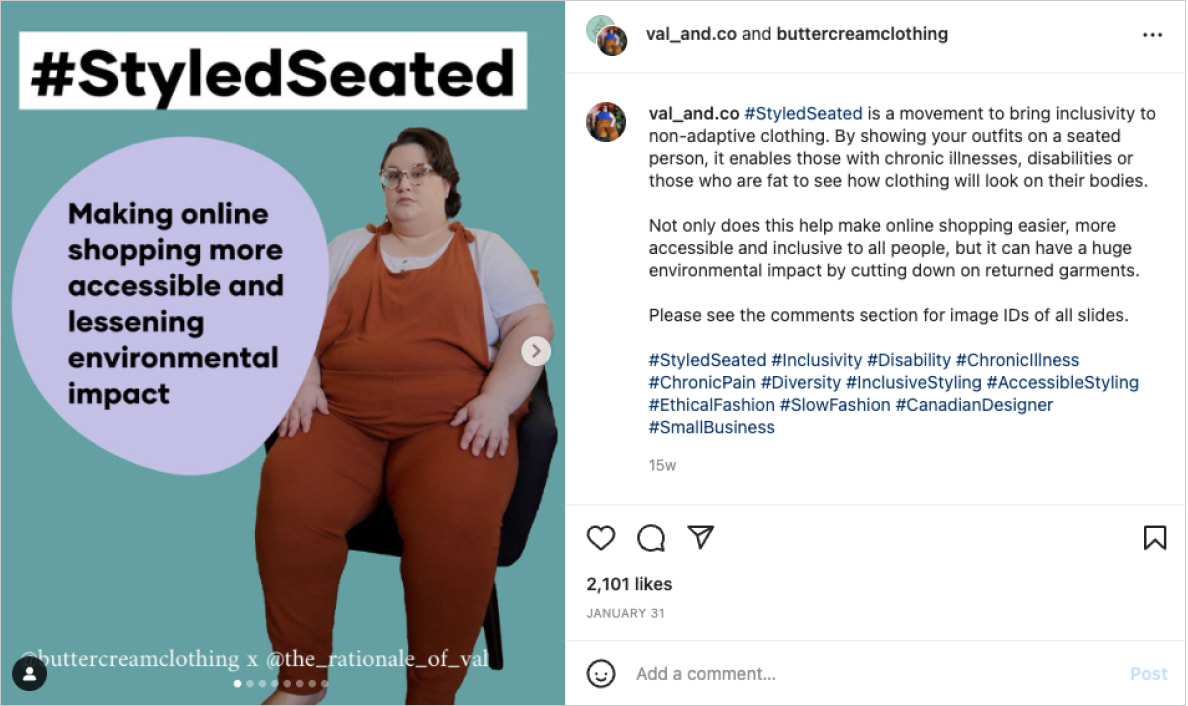 Message Instagram avec mot-clic #StyledSeated et message sur l’accessibilité et le développement durable