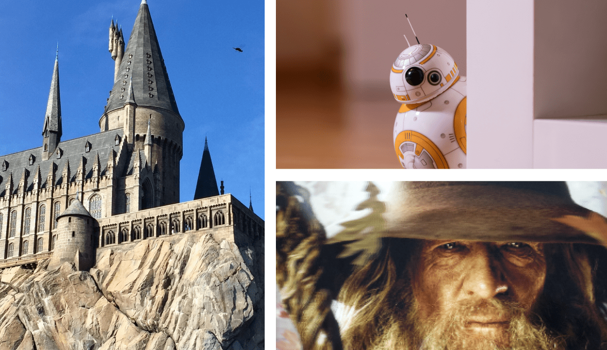 Le pensionnat de Poudlard (« Harry Potter »), le droïde BB-8 (« Star Wars ») et Gandalf (« Le Seigneur des anneaux »).
