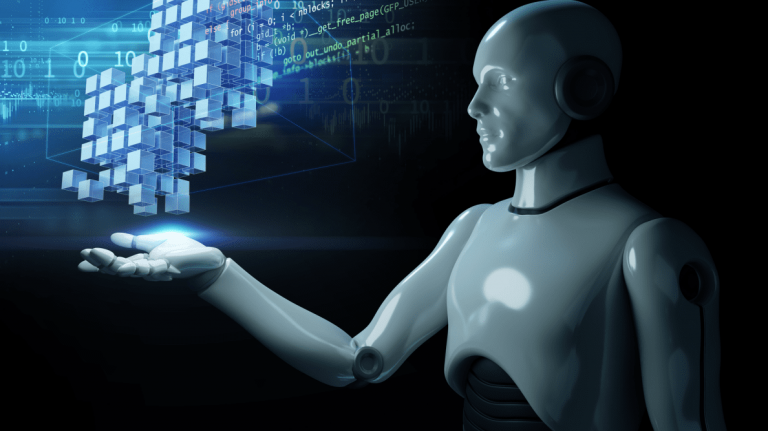  An artificial intelligence, or AI bot, holds digital information in the palm of its hand. Une projection numérique en 3D flotte au-dessus de la la main tendue d’un androïde symbolisant l’intelligence artificielle.