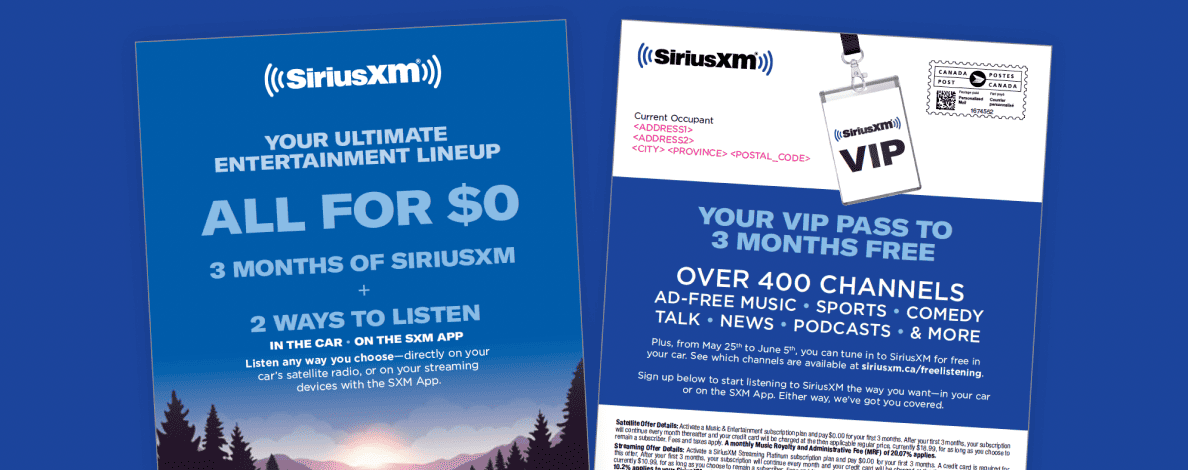 Un article de publipostage tiré d’une campagne publicitaire de SiriusXM.