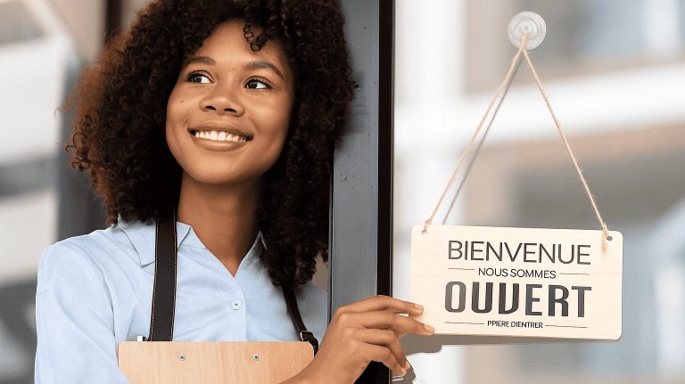 Tout sourire, une commerçante tourne l'affichette « Bienvenue, nous sommes ouverts » à la porte de sa boutique.