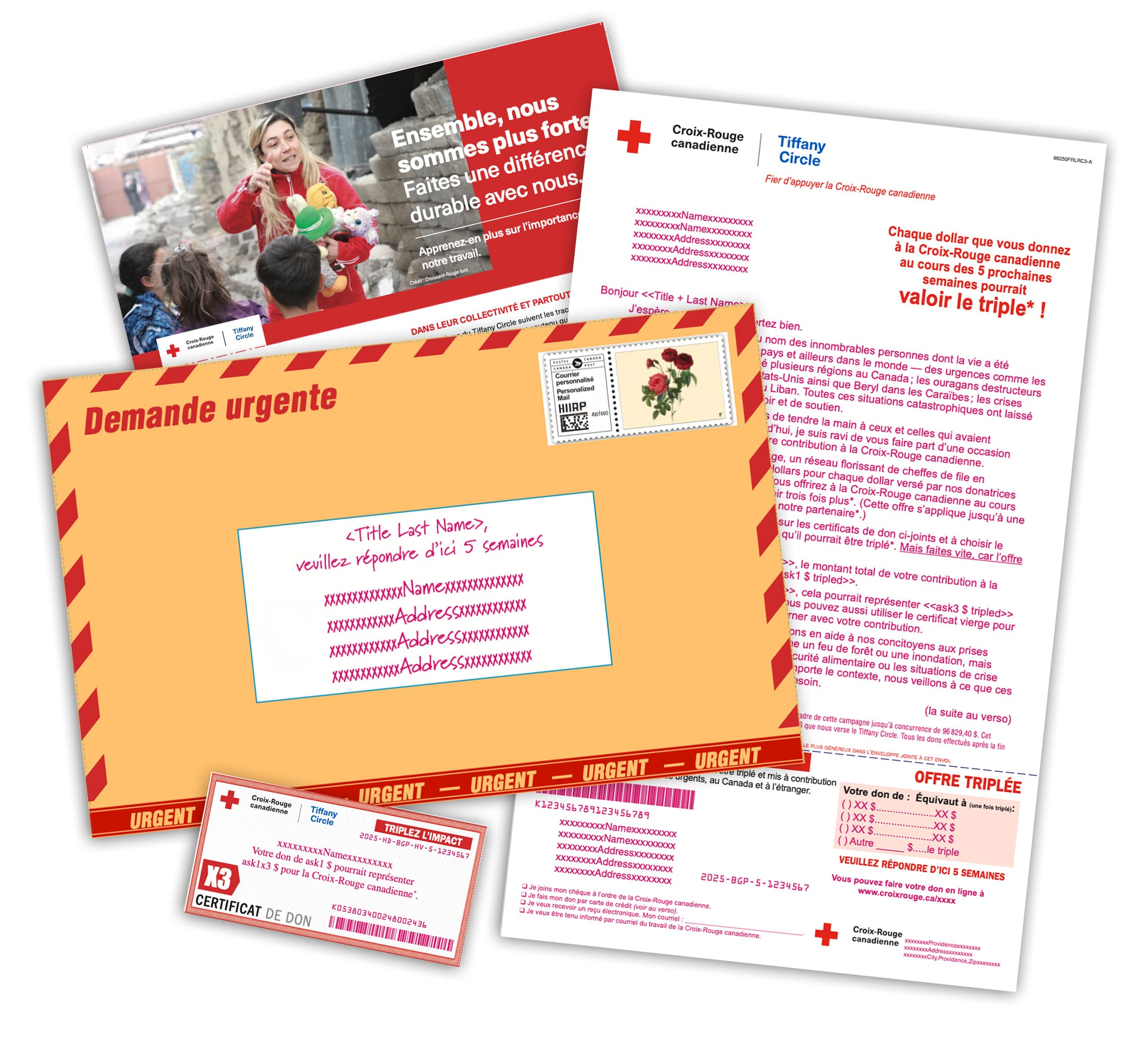 Trousse de publipostage de la Croix-Rouge canadienne incluant une lettre de don sous une enveloppe orange timbrée à bordure rouge et marquée urgente.