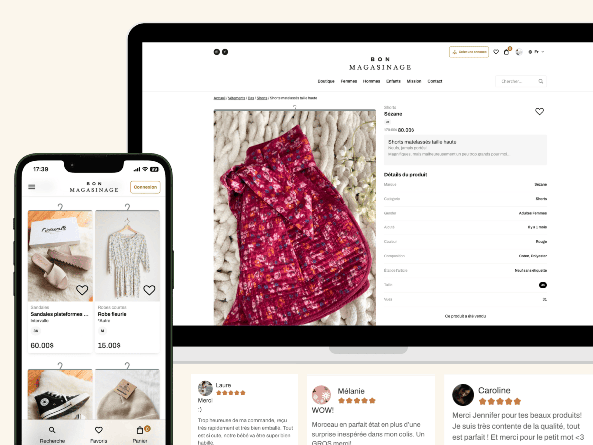 Téléphone mobile et ordinateur portable affichant le site Bon Magasinage, avec une liste de produits, une page de produit détaillée et des avis de la clientèle.