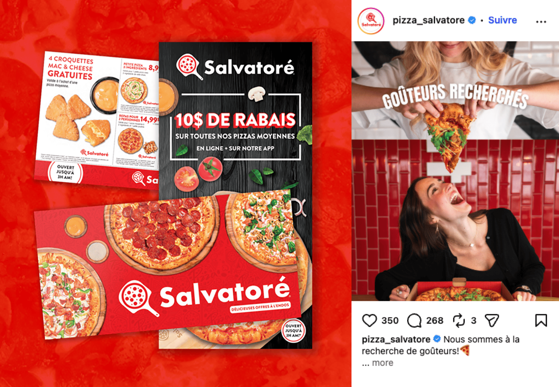 Des publicités postales et une publication Instagram font la promotion des offres de Pizza Salvatoré.