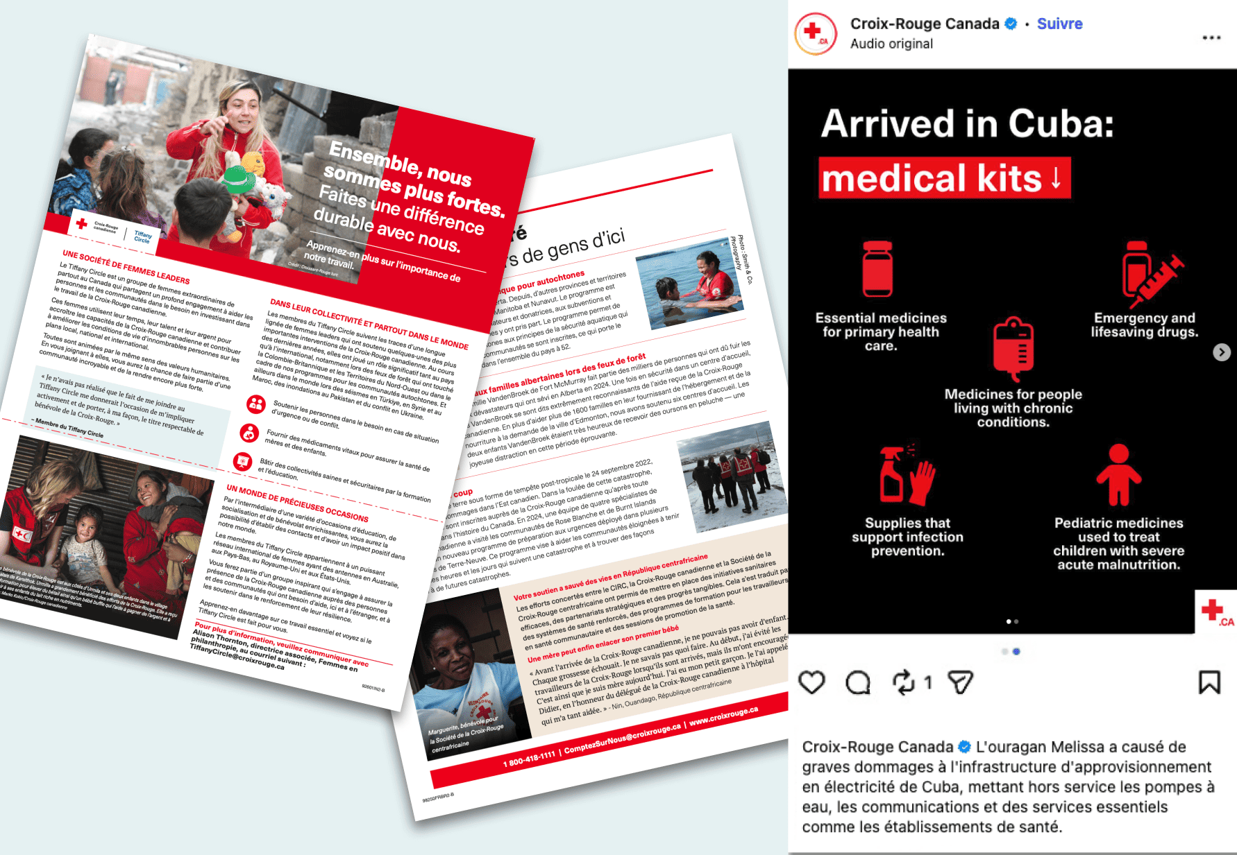 Un bulletin de la Croix-Rouge canadienne envoyé par la poste et une publication Instagram diffusent des nouvelles sur l’aide humanitaire.