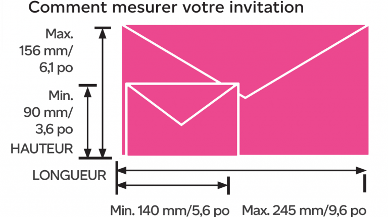 Diagramme illustrant comment mesurer une enveloppe de faire-part, avec les limites de hauteur de 90-156 mm et de largeur de 140-245 mm.