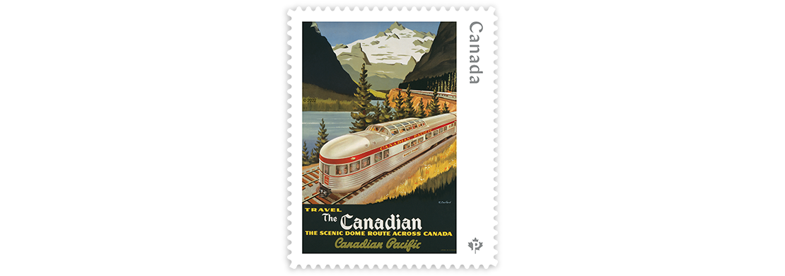 Timbre sur lequel figure une affiche de voyage illustrant le train transcontinental du Canadien Pacifique