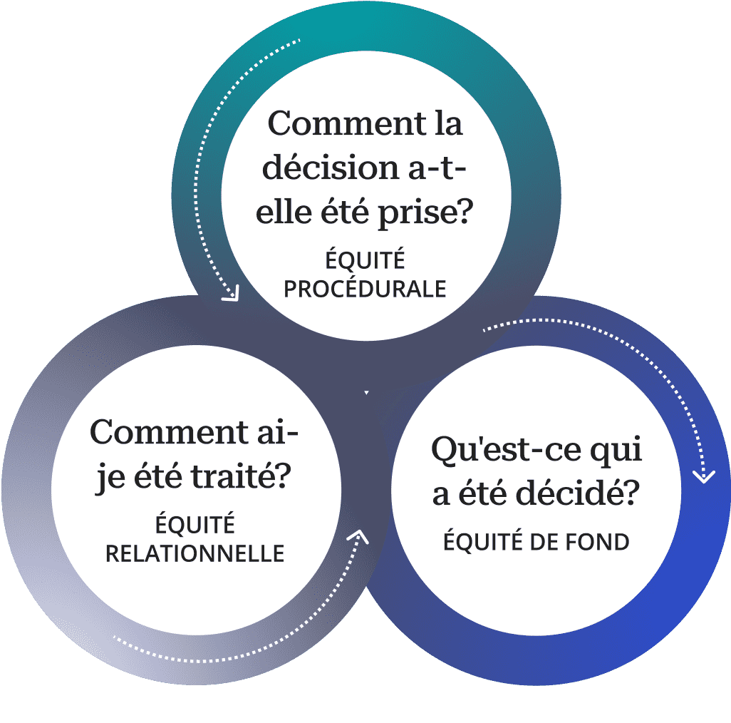 Infographie illustrant les dimensions procédurales, relationnelles et fondamentales de l’équité.