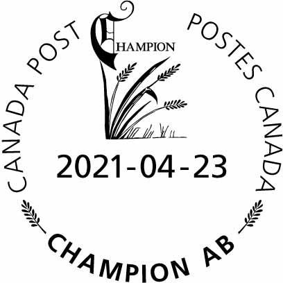 Épis de blé poussant dans un champ et le mot Champion orné d’un C décoratif, avec la date 23 avril 2021.