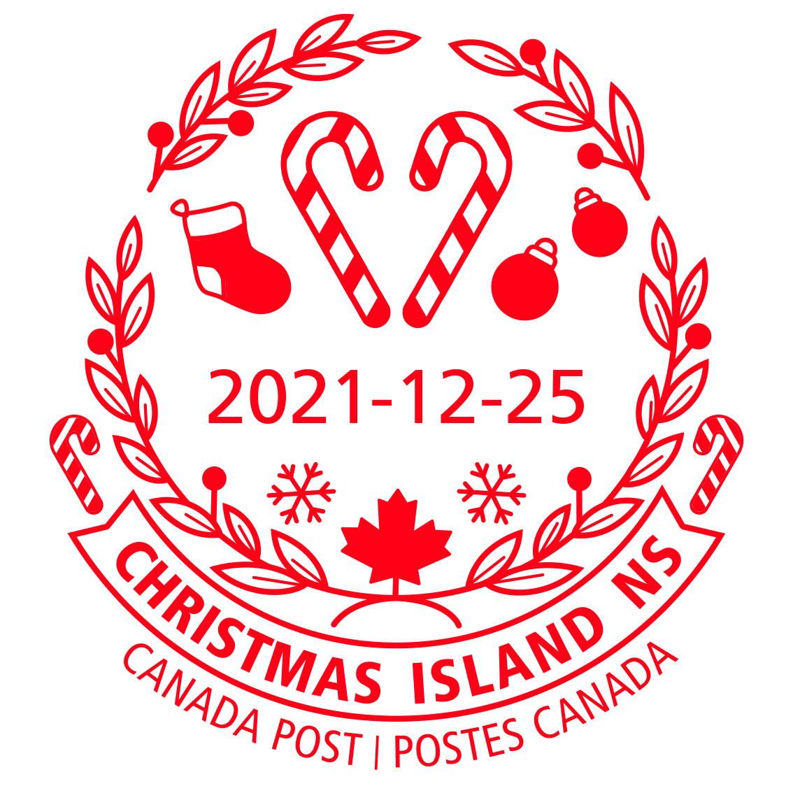Deux cannes de bonbon, un bas de Noël, des ornements, des flocons de neige, une feuille d’érable et une couronne, avec la date 25 décembre 2020.