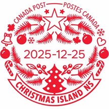 Deux cannes de bonbon, un bas de Noël, des ornements, des flocons de neige, une feuille d’érable et une couronne, avec la date 25 décembre 2020.