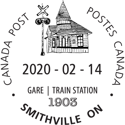 Ancienne gare classique et feux de signalisation ferroviaires, avec l’année 1903 et la date 14 février 2020.