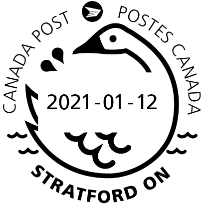 Bernache, vagues stylisées et logo de Postes Canada, avec la date 12 janvier 2021.