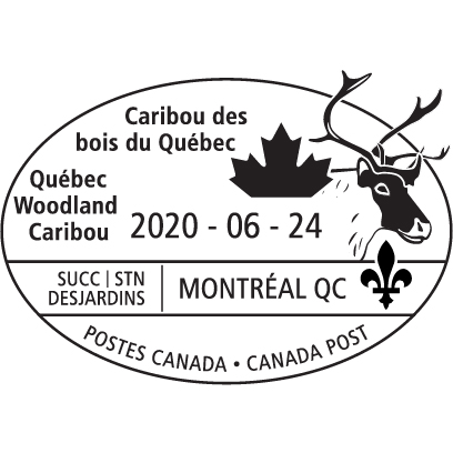 Caribou des bois du Québec, feuille d’érable et fleur de lys, avec la date 24 juin 2020.