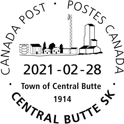 Scène montrant un élévateur à grains dans les Prairies et titre Town of Central Butte, avec l’année 1914 et la date 28 février 2021.