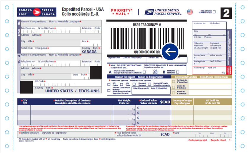 An example of an Expedited Parcel – USA shipping label.