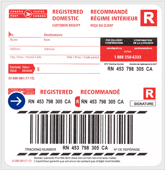 An example of a Registered Mail Canada counter label with the area circled where the tracking number is located.