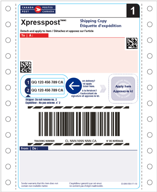 An example of an Xpresspost counter shipping label with an arrow indicating where the tracking numbers are found.