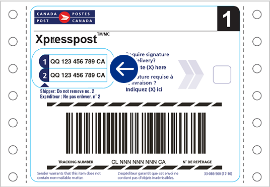 An example of an Xpresspost commercial shipping label without address. There’s a circle indicating where the tracking numbers are found.